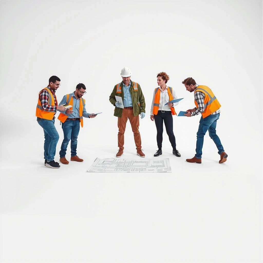 BuildForge team working on architectural blueprints with modern tools and technology