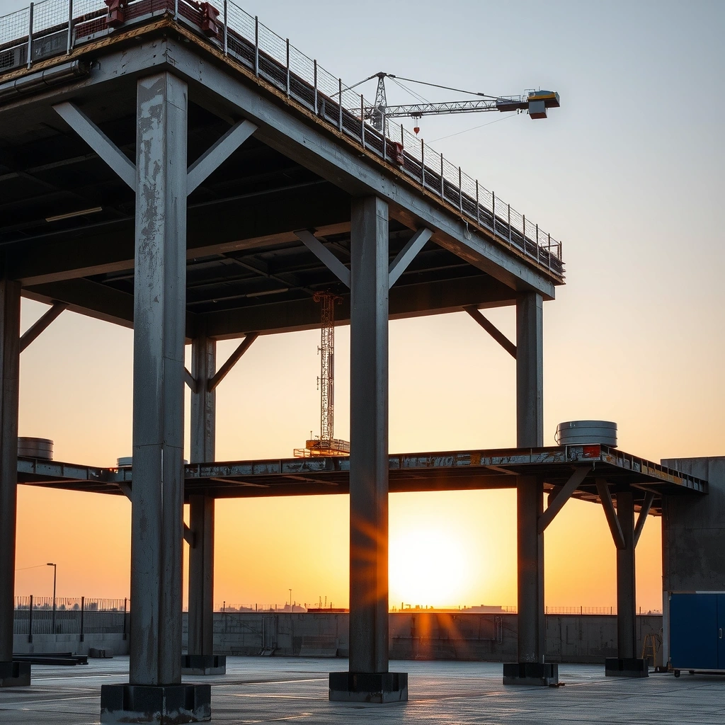 Modern construction site with steel beams and concrete structures during sunset