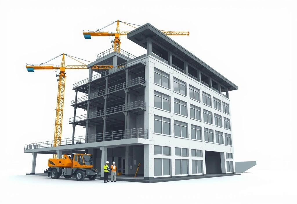 Construction project with modern building under construction